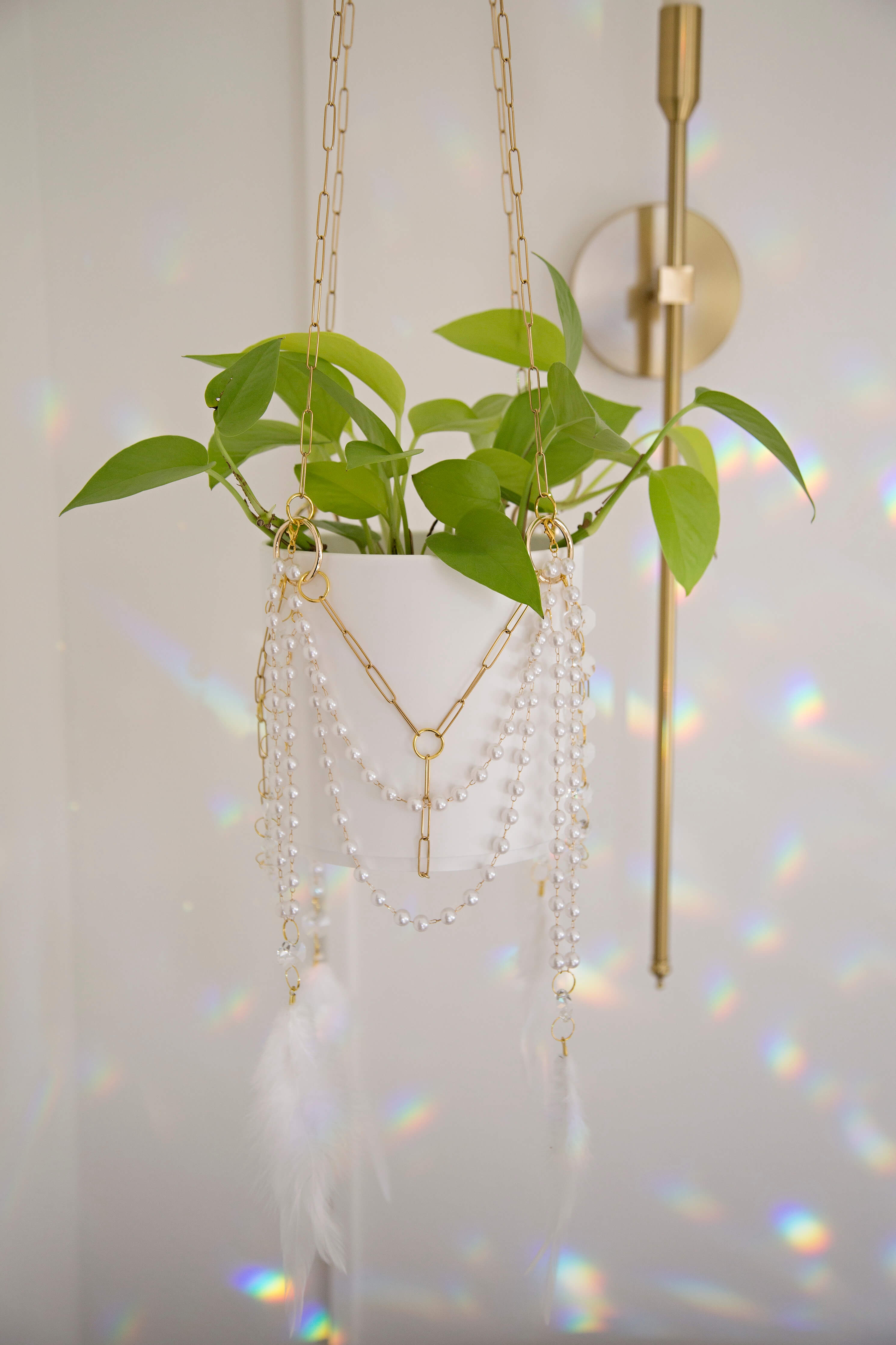 chain plant hanger STAY ROOTED PEARL AND FEATHER GOLD CHAIN SUNCATCHER PLANT HANGER