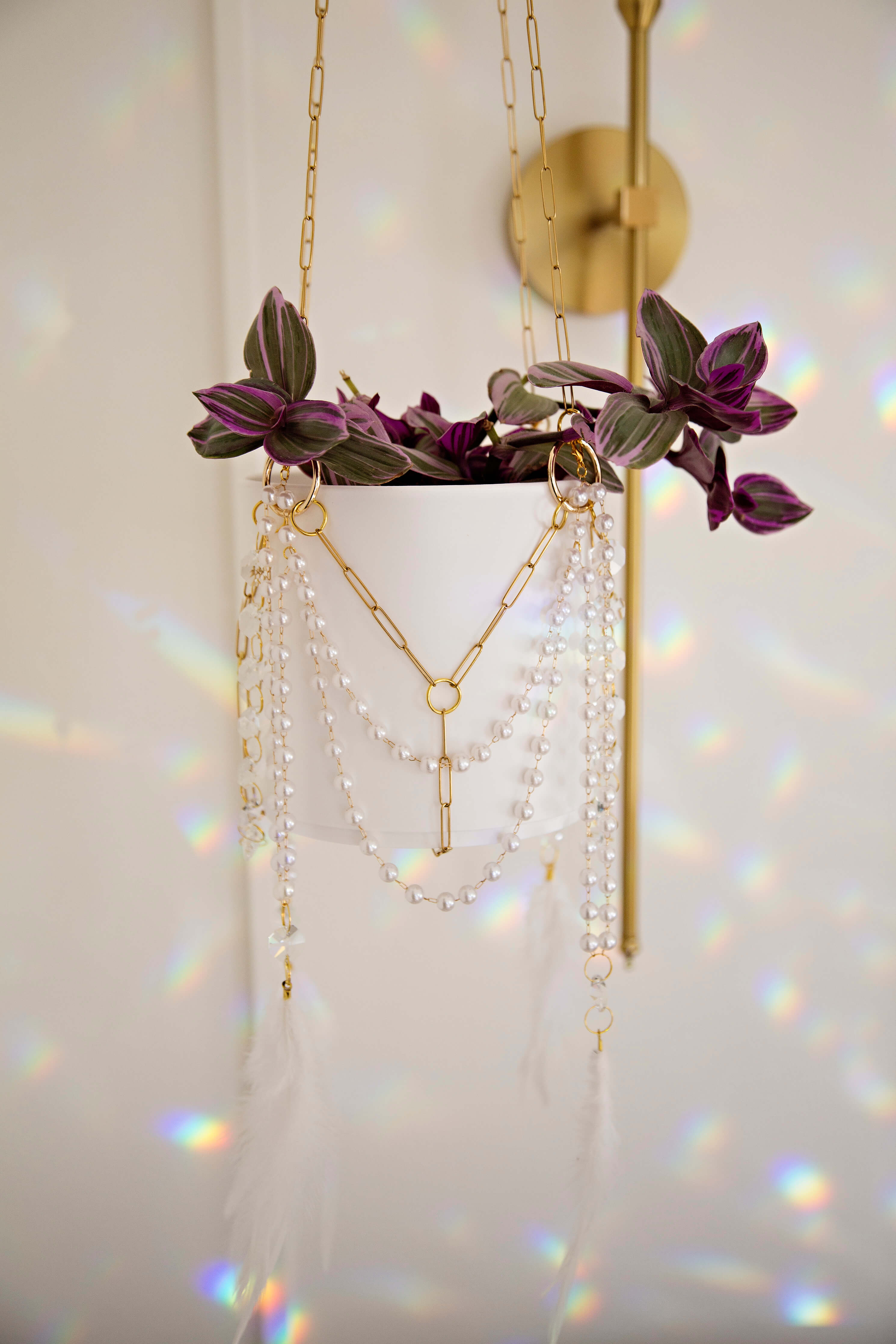 rose gold plant hanger STAY ROOTED PEARL AND FEATHER GOLD CHAIN SUNCATCHER PLANT HANGER – Air Blush